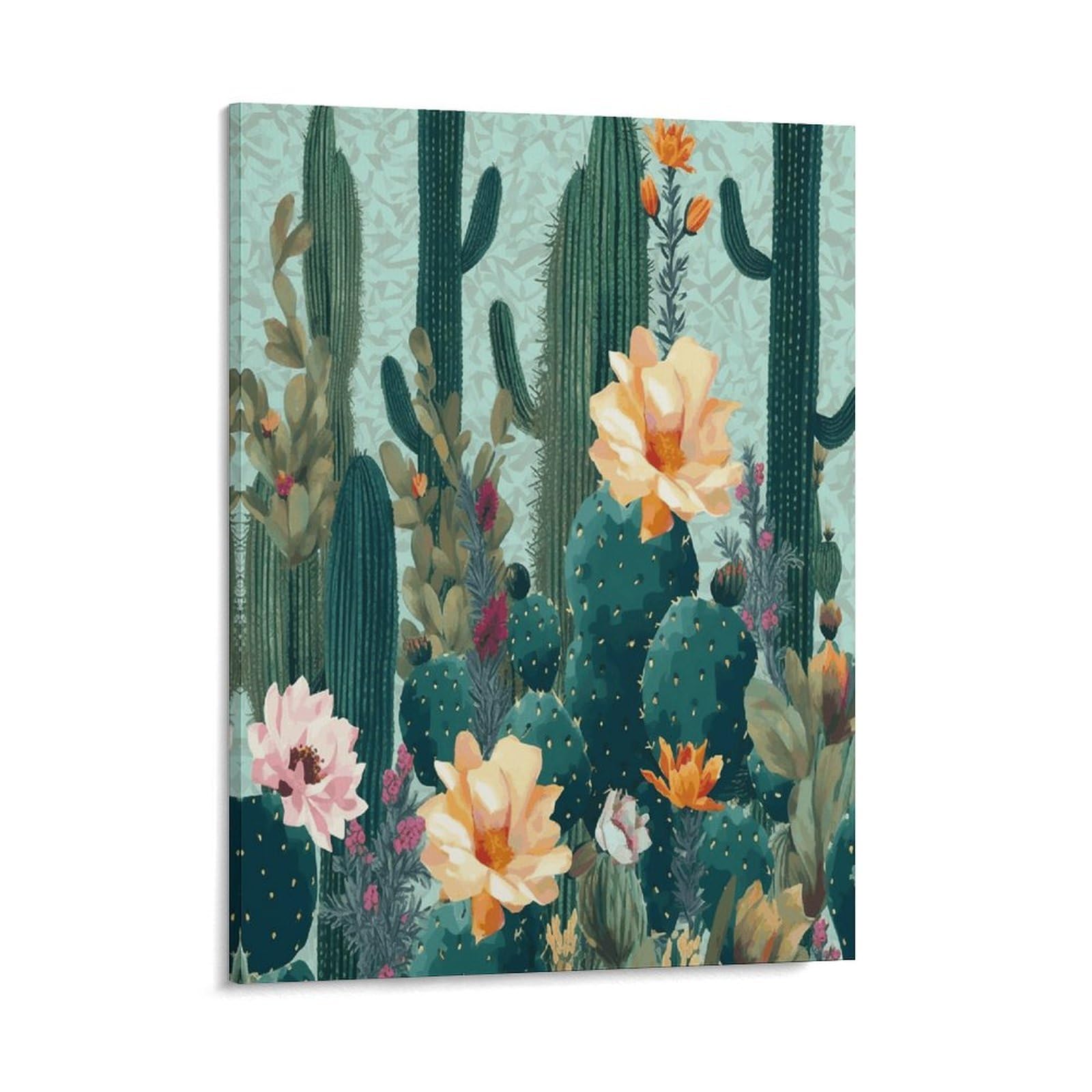 Adfgyerh Style Summer Floral Cactus Wall Art Framed,Canvas Prints Ready To Hang Home Decor,Canvas Wall Art For Living Room Hallway Office Wall Decor 16X20inch(41X51cm)