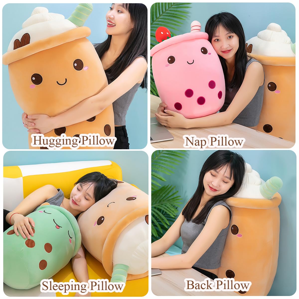 Bubble Tea Kuscheltier,Boba Stofftier Plüschkissen Spielzeug Weiches Umarmungskissen Geschenk für Kinder Mädchen Jungen(Grün-Schielende Augen,50cm)