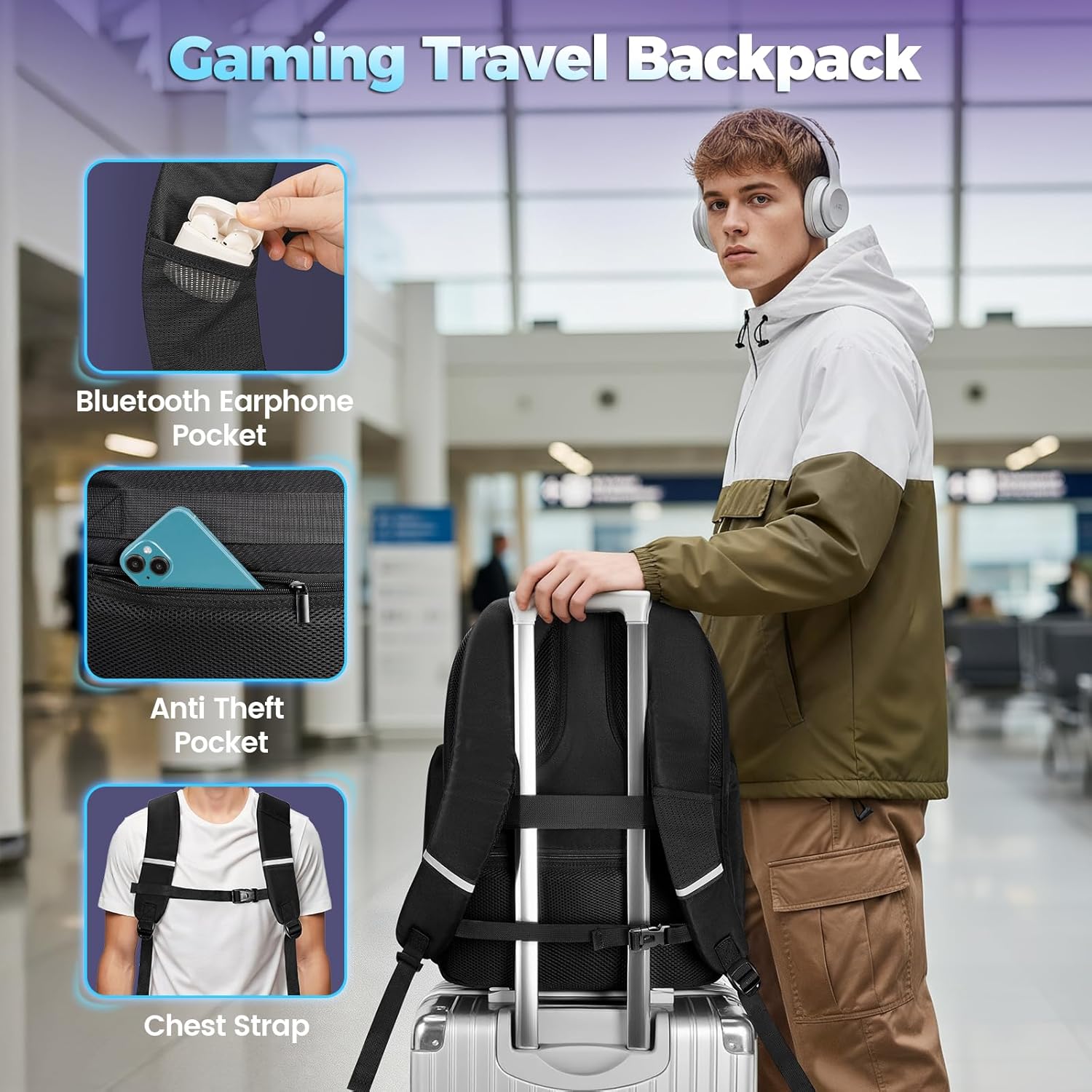 MATEIN 17.3 Inch Gaming Laptop Backpack for Men, TSA Friendly Travel Laptop Backpack with Organizer Pouch, Rain Cover, Padded Laptop Protection, Anti Theft Pocket, Carry On Gaming Bag