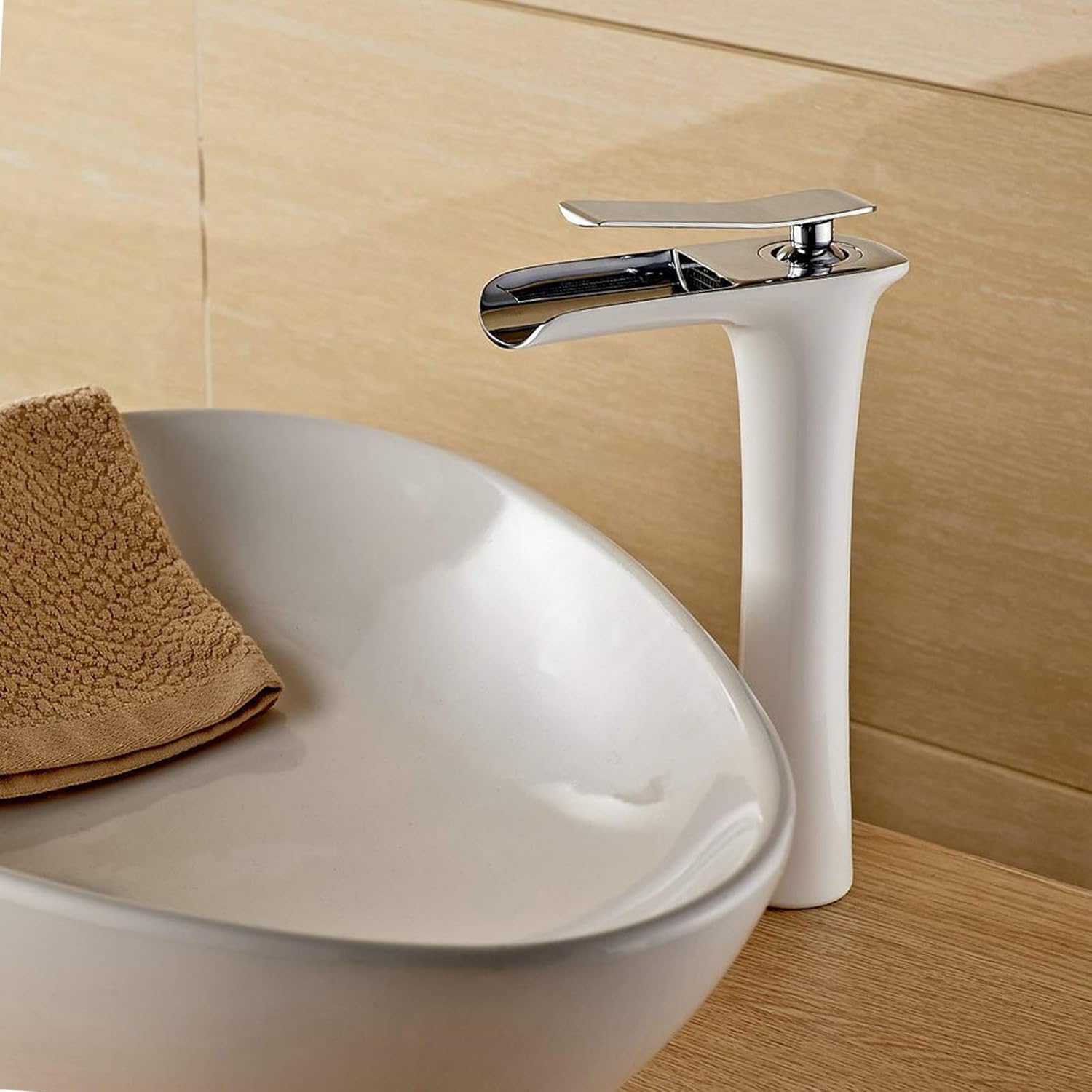 Waterfall Counter Top Basin Mixer Tap Tall Single Lever Monobloc Brass