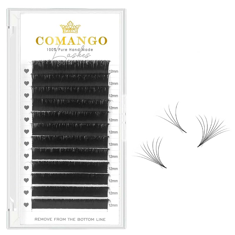 Extensões de Cílios CoMango Easy Fan, Curvaturas C/D, 0,07 mm, D, 12 mm, Preto Fosco