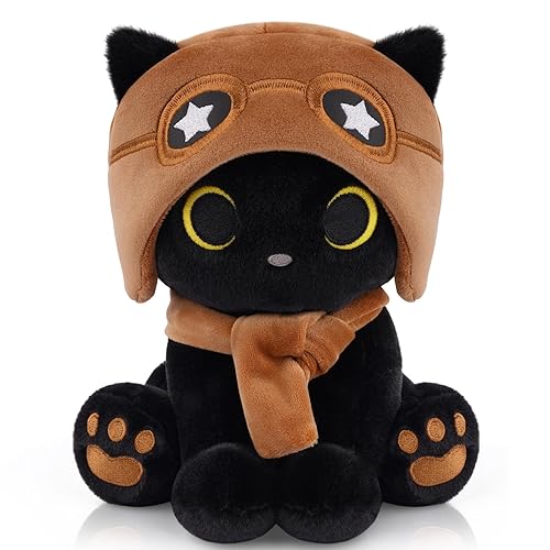 Cat Plush Toy - Black Cat with Removable Aviator Hat,