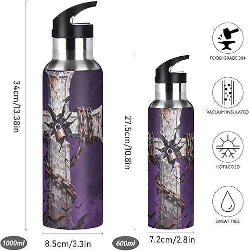 Miniatura 2 de Gothic Cross Chain Lock Purple Lightweight Reusable Water Bottle Insulated with Straw Keeps Hot and Cold for HomeOfficeTravelSportsSchool 32 OZ