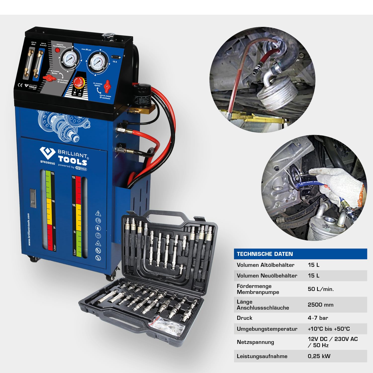 BRILLIANT TOOLS BT626050 Aparato de lavado de cajas de cambios, para cajas de cambios automáticas, con juego de adaptadores de 35 pzs [Powered by KS TOOLS]