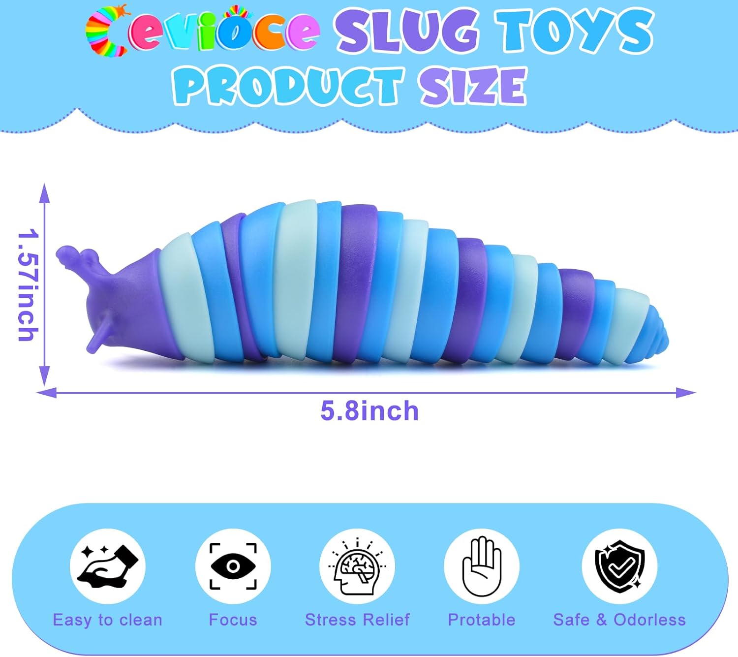 Cevei Cevoce Sensory Slug Fidget Toys for Adults & Kids - 6Pc Cute Autism Sensory Toy Set for Autistic Children, Ages 3+, (5.8 Inch) - Image 2