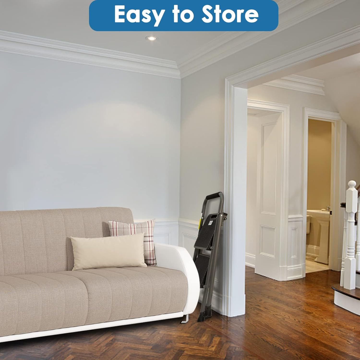 Folding 2-Step Ladder with Anti-Slip Platform and Handrail, Heavy Duty Steel, 500 lbs Capacity, Compact Portable Step Stool for Home, Kitchen & Office Use, Grey