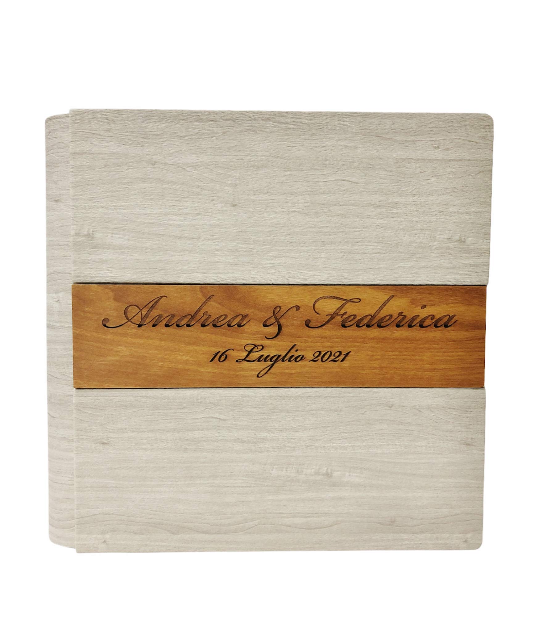 TriVin Art, Álbum de Fotos en Polipiel, con Aplicación de Madera Personalizable con Grabado. Ideal para Bautismo, Boda, Comunión y foto recuerdo.