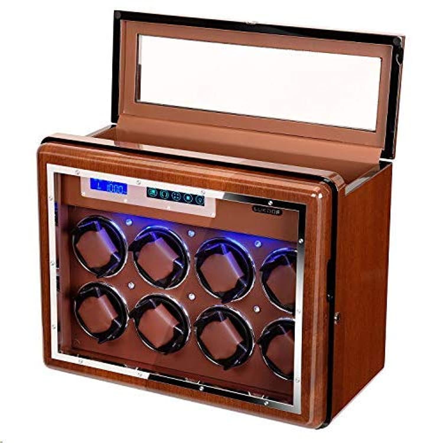 TRIPLE TREEWatch Winder for 14 Piece Automatic Watches, High Gloss Walnut Paint Finish, 6 Inlaid Diamonds, High End Stainless Steel Frame, [Upgraded] Flexible Watch Pillows, LCD Touch Screen