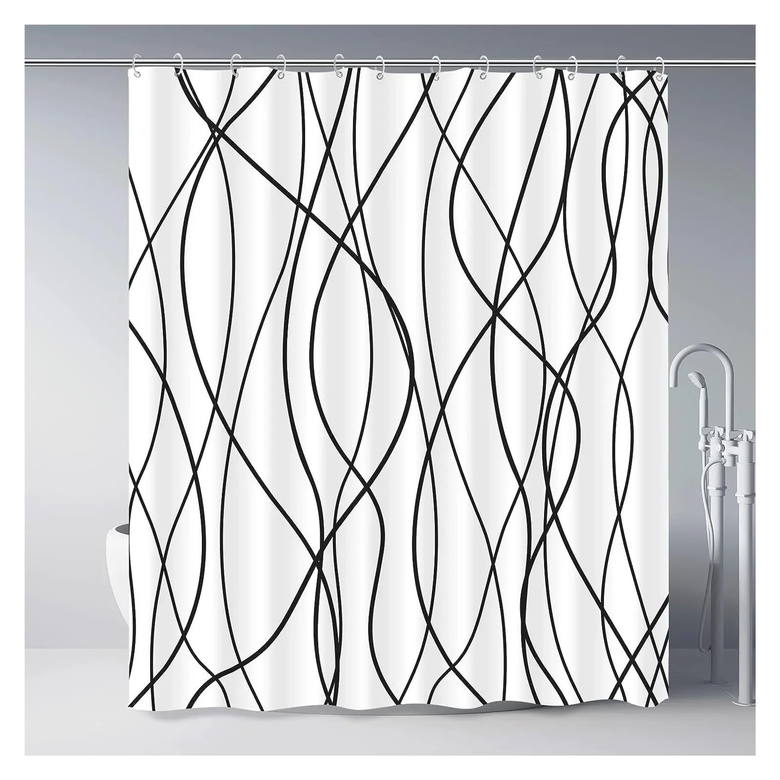 Tenda Doccia Tende da doccia moderna in tessuto ondulato a righe bianche e nere, a righe sfumate, Tende da doccia decorativa for il bagno.(99SH,150x180cm-60x70in)