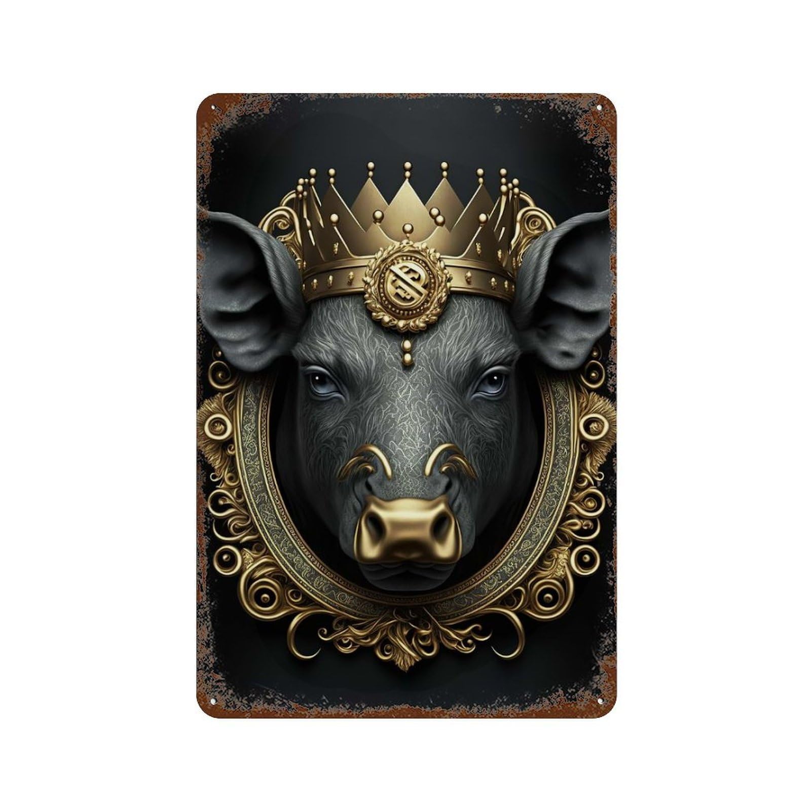 Pig Golden Art Deco 11.8"x7.9" Weathered Tin Sign, Shabby Chic Decor for Farmhouse, Kitchen And Entryway Decor