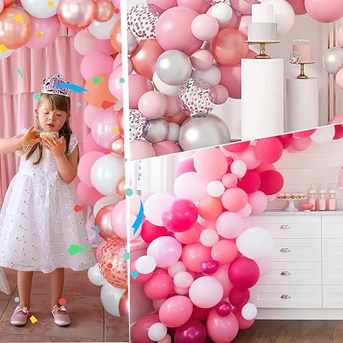 Miniatura 6 de LovesTown Kit de guirnalda de globos rosa rosa, kit de arco de 150 unidades, globos de látex metálicos rosa intenso con confeti rosa intenso para