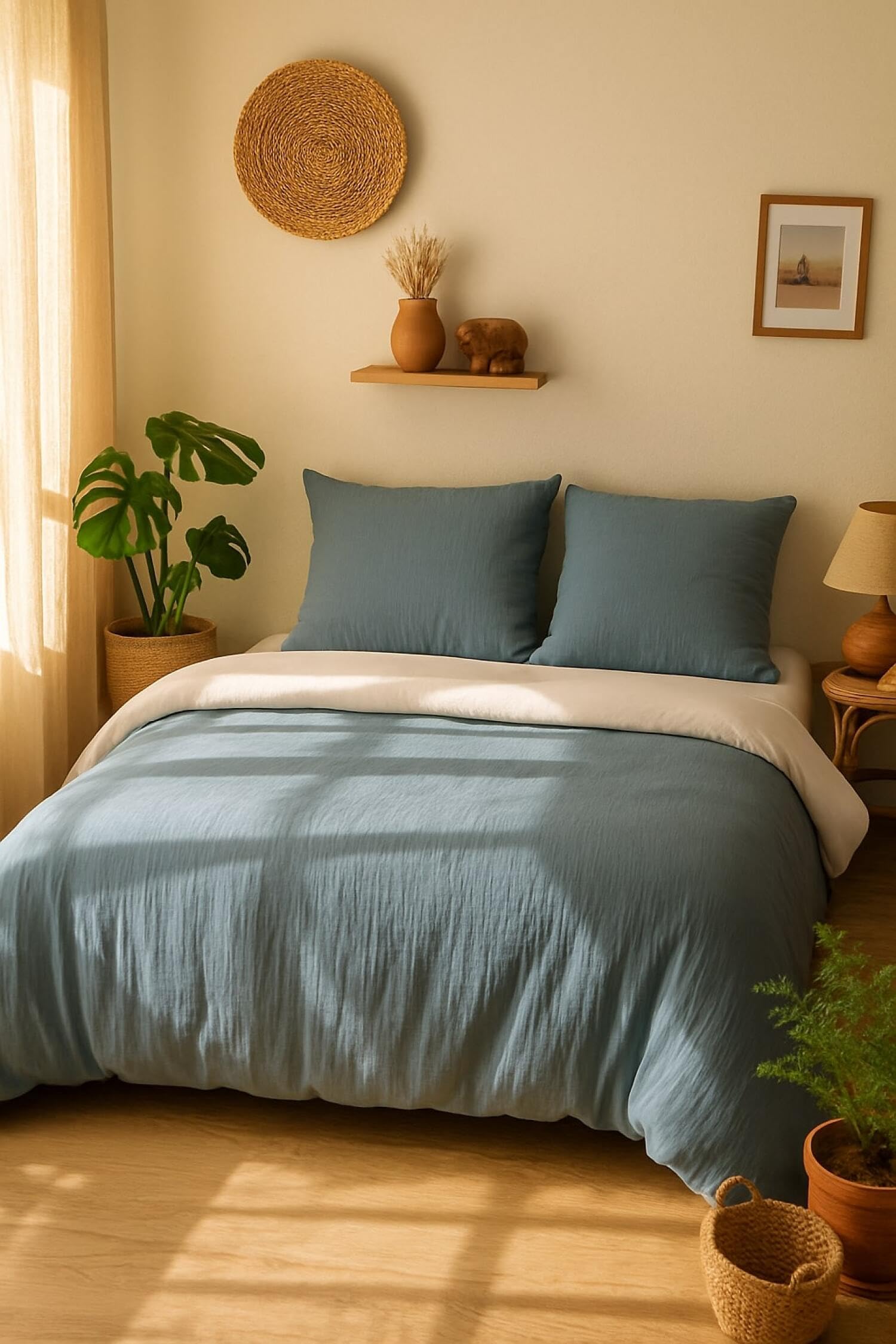Housse de couette 220x240 cm bicolore bleu pétrole et blanc avec ses 2 taies d'oreiller