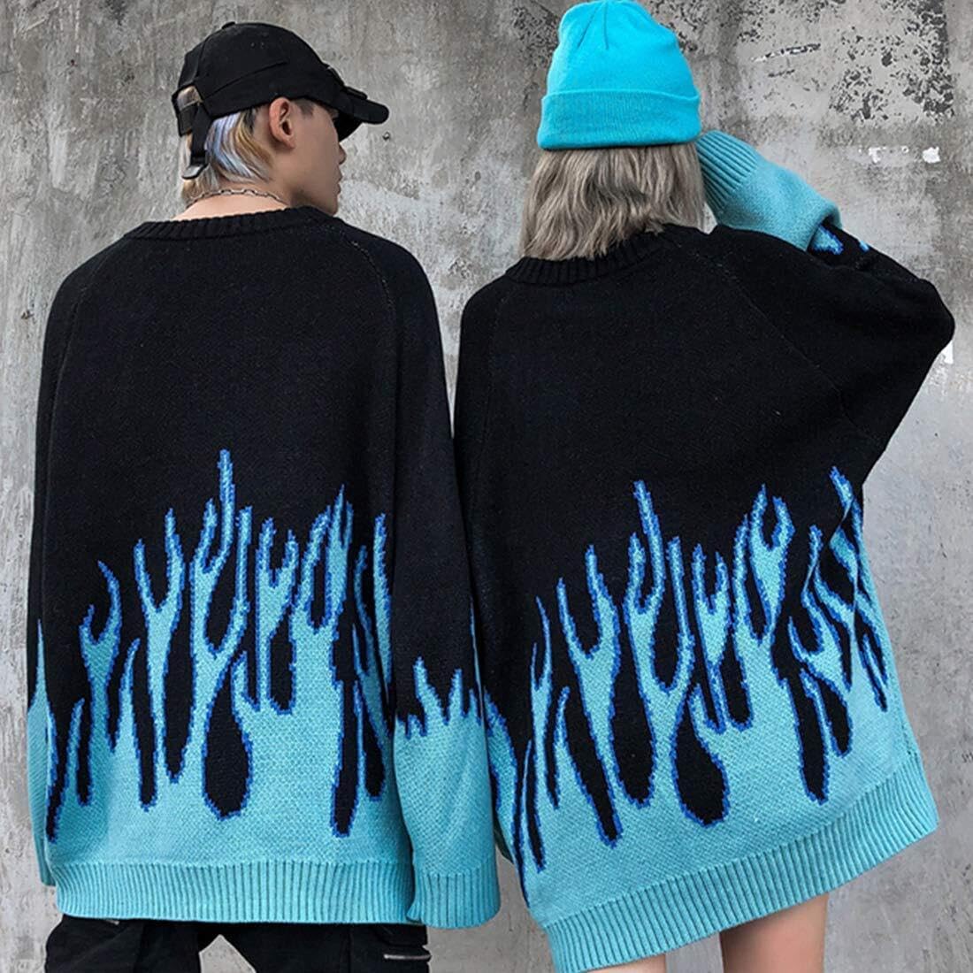 Vamtac Womens Crewneck Oversized Sweaters Y2K Aesthetic Flame Graphic Knitted Sweater Casual Pullover Long Sleeve Jumper