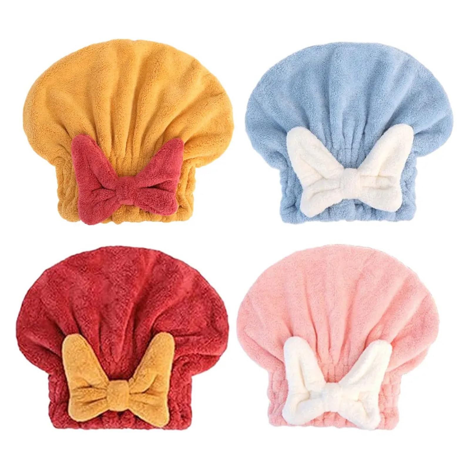 YXINAER Hair Drying Cap Coral Velvet Hair Drying Towels Super Absorbent Turban Towel Cap Quick Dry Head Wrap with Bow-Knot Shower for Wet(Mix-4PC,4PCS)