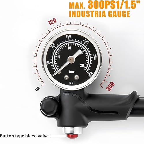 Miniatura 6 de Bomba de choque de alta presión - (300 PSI máximo) Bomba de choque de bicicleta MTB para horquilla y suspensión trasera con válvula Schrader sin