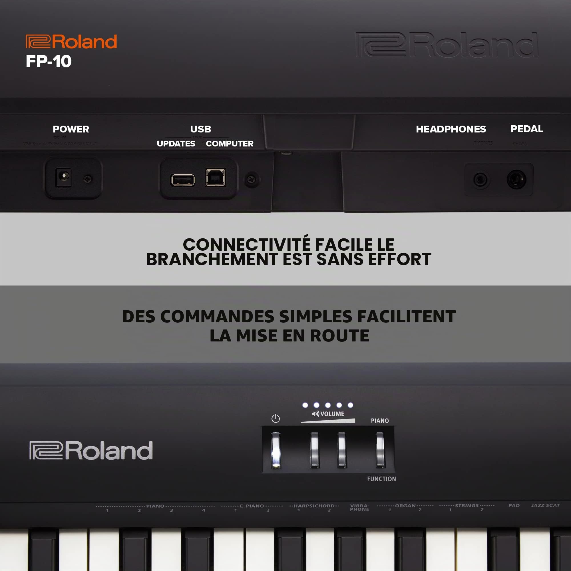 Roland Piano numérique FP-10, 88 notes, portable, idéal pour la maison, couleur noire & RockJam Support pour clavier pré-assemblé double embase RockJam Xfinity avec sangles de sécurité