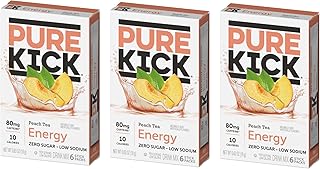 Pure Kick Peach Tea - Pack of 3 - Powdered Drink Mix - Low Calorie - Zero Sugar - 6 Sticks Per Box - 18 Servings