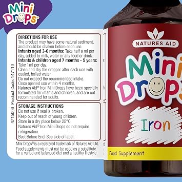 Natures Aid Iron Mini Drops for Infants and Children, Cognitive Development, Sugar Free, 50 ml (Pack of 6)