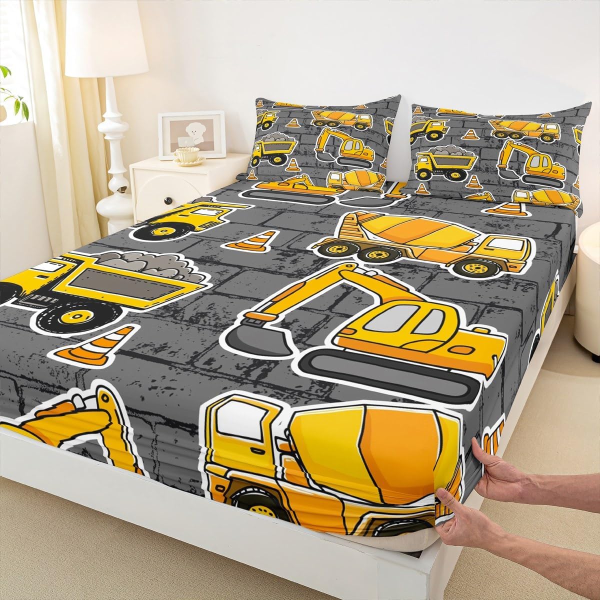 Erosebridal Boys Excavator Bedding Set Twin Size, Tractor Truck Fitted Sheet for Kids Child Girls Teens Bedroom, Construction Vehicle Crane Bed Set Blender Gray Wall Cartoon Bed Cover, Grey Yellow