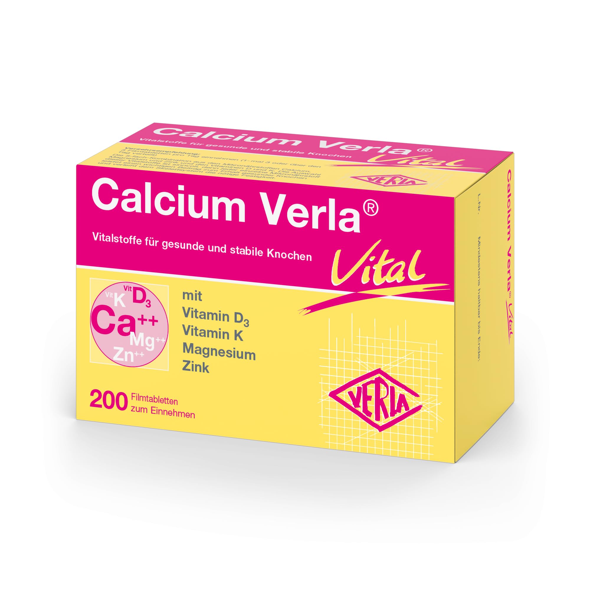 Calcium Verla vital Tabletten – Mit der 5-fach Vitalstoffkombination 600 mg Calcium + 100 mg Magnesium + 5 mg Zink + 800 I.E. Vitamin D3 + Vitamin K, 200 St