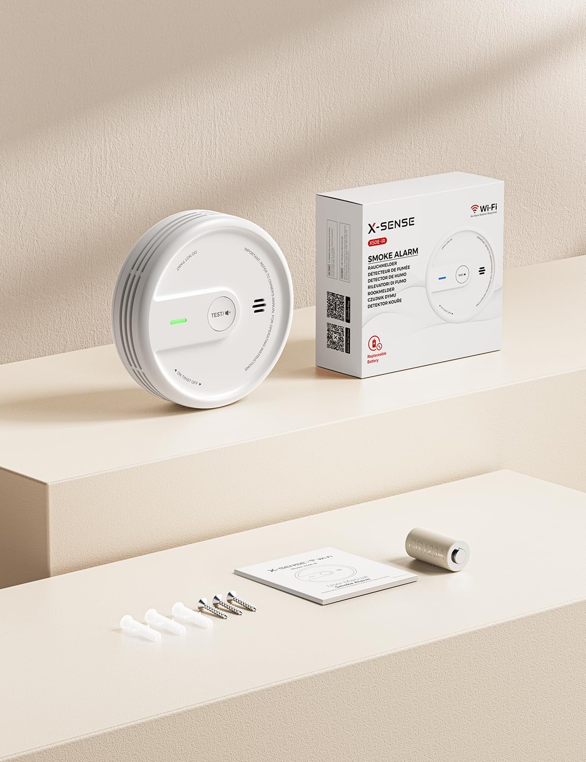 X-Sense Smart WLAN-Rauchmelder, Zertifiziert nach EN 14604, Nachtmodus, 10 Jahre Produktlebensdauer, austauschbare Batterie, App-Funktion, XS0E-iR, 1 Stück