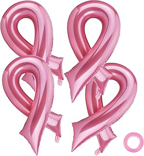 Breast Cancer Balloons, Breast Cancer Awareness Decorations, 4 PCS Pink Ribbon Shaped Foil Balloons, Large Breast Cancer Awareness Balloons for Fundraising Event Party Decoration Supplies