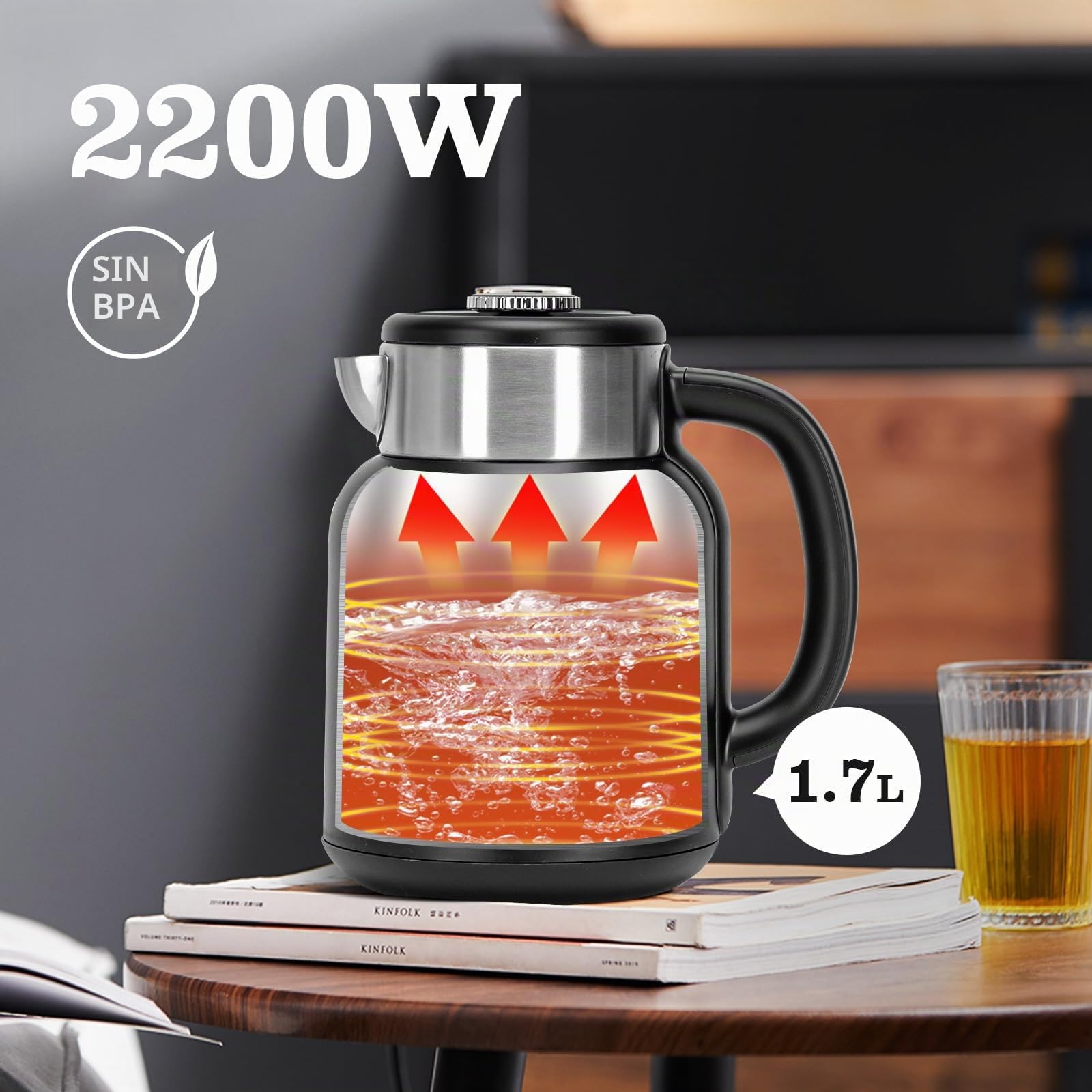 Taylor Swoden Hervidor de Agua Retro 1.7L de Acero Inoxidable Sin BPA Negro | Hervidor 2200W, silencioso, 5 niveles temp, función calor 1H, doble pared antiquemaduras, ideal para té y café (Asher)