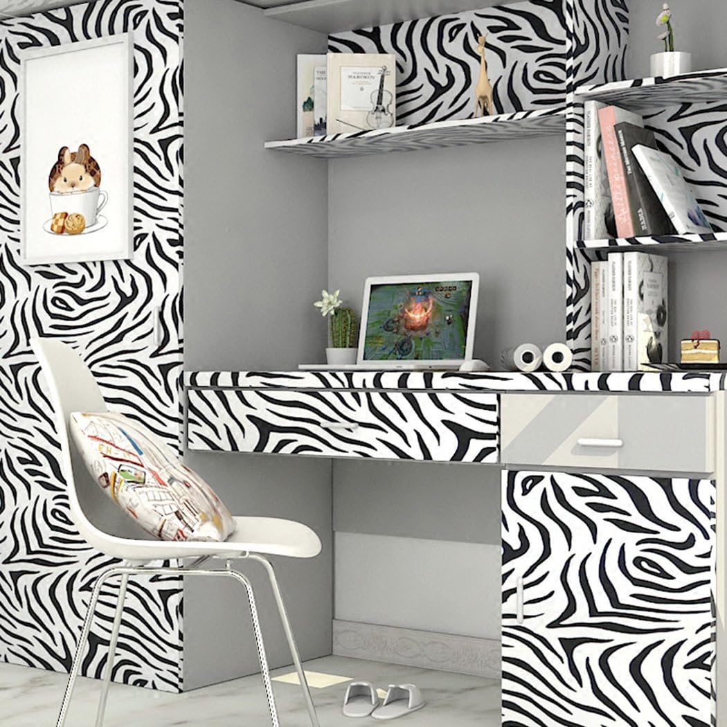 Self Adhesive Vinyl Zebra Stripes Contact Paper Decorative Shelf Liner for Cabinets Drawer Dresser Arts and Crafts Decor 17.7x78.7 Inches