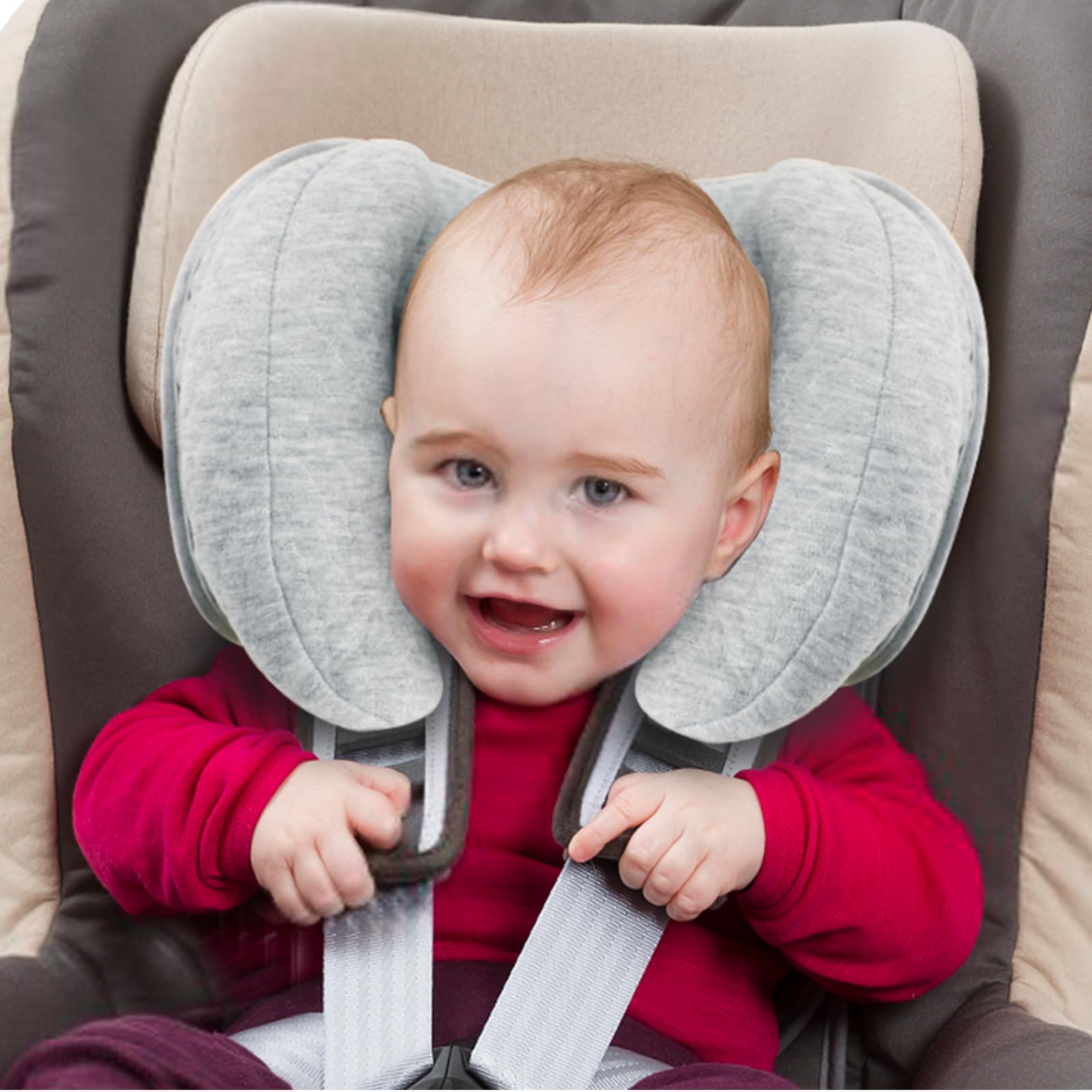 Coussin de voyage pour bébé amélioré 2 en 1, Coussin de soutien de la nuque de bébé en forme de banane réglable pour poussette, Gris