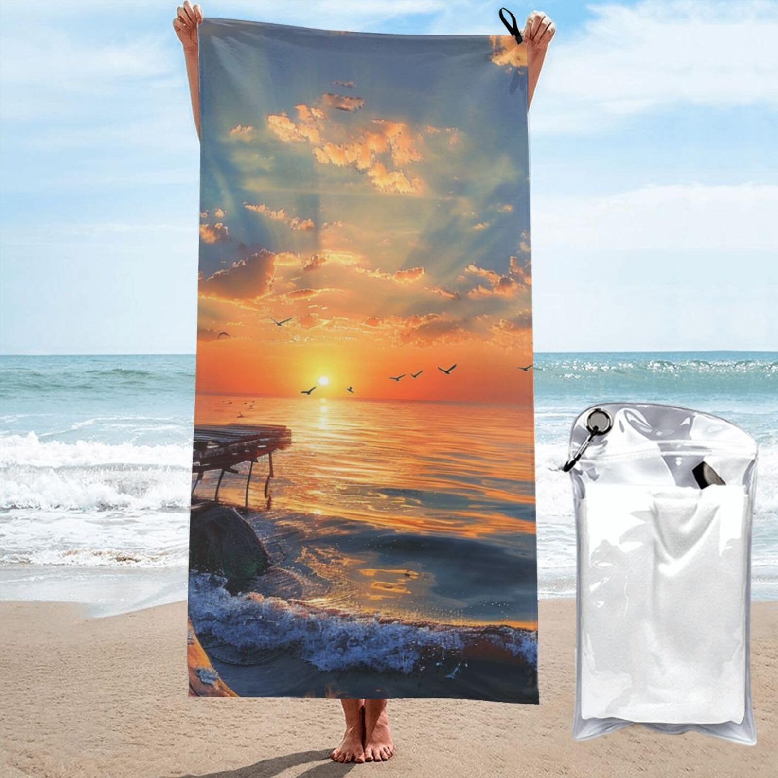 BWWHCCTI Sunset scenery Printed Microfiber Quick Dry Beach Towel 80x160 CM, Fast Drying Bath Towels with Bags for Travel,Camping,Gym,Beach,Swimming,Yoga