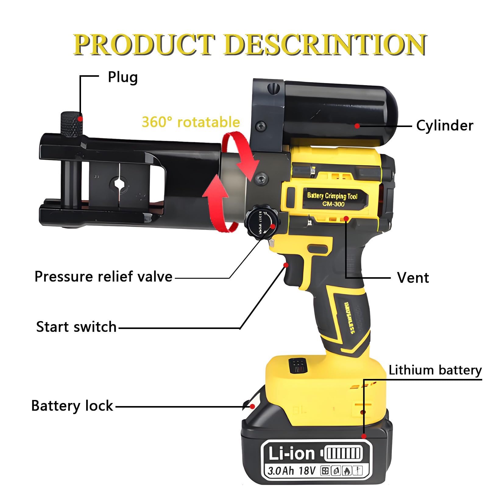 Crimpadora hidráulica a batería de 18 V, Herramienta para crimpar terminales, crimpadora de Cables de 16-300 mm², Abrazadera giratoria de 360°, con 11 Matrices y 2 baterías Yellow-75KN