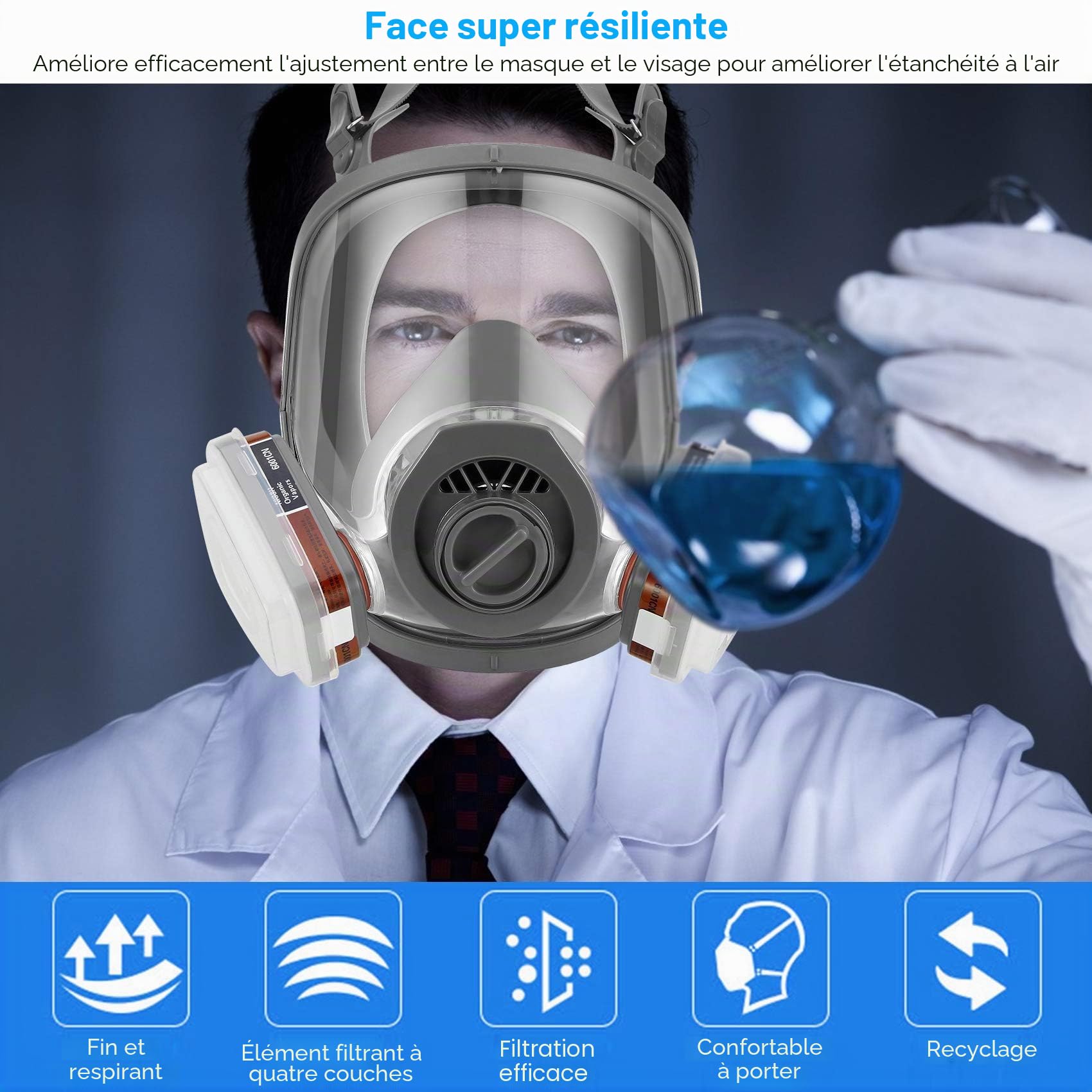 Masque de volume réutilisable avec filtre pour la protection contre les vapeurs et les particules Masque à gaz Masque anti-poussière pour peintures, vernis, travaux de menuiserie