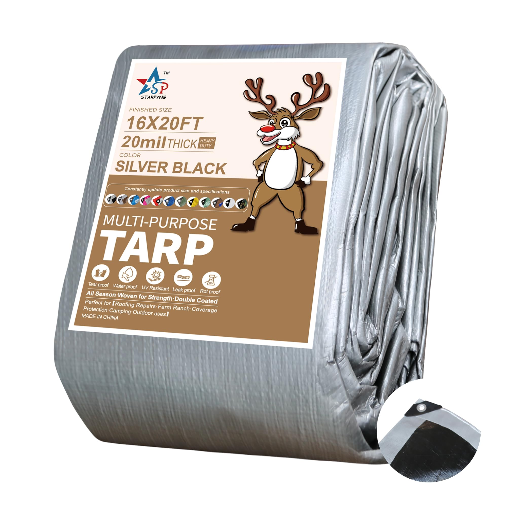 STARPYNG -20MIL Heavy Duty Poly Tarp Cover,Waterproof, UV Resistant, Weather Resistant, can be Used to Cover Cars, Boats, courtyards,Camping etc. (Silver/Black, 16x20feet)