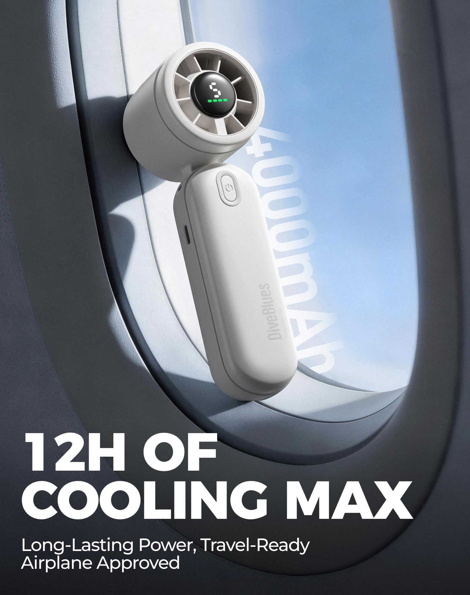 Diveblues Ventilatore Portatile a Mano 3 in 1, Mini Turbo Ventilatore USB Ricaricabile con Batteria da 4000mAh, 5 Velocità e fino a 12H di Raffreddamento, Viaggio, Ufficio, Esterni