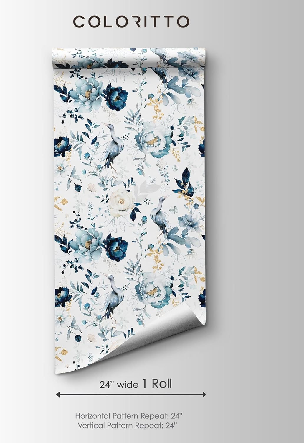 Blue Garden Wallpaper with Birds | Removable Self Adhesive Watercolor Botanic Wallpaper | Floral Peel and Stick Wallpaper (1 roll 24" W x 96" H)