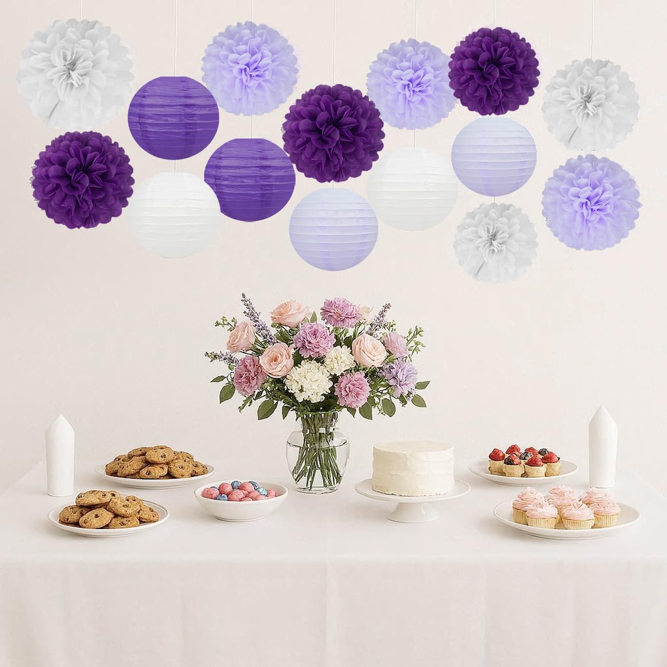 White Purple Party Decorations - 17Pcs Tissue Pom Poms Paper Flowers Lanterns Birthday Valentines Day Decorations Baby Girl Shower Women Bridal Wedding Engagement Bachelorette Graduation Hanging Decor