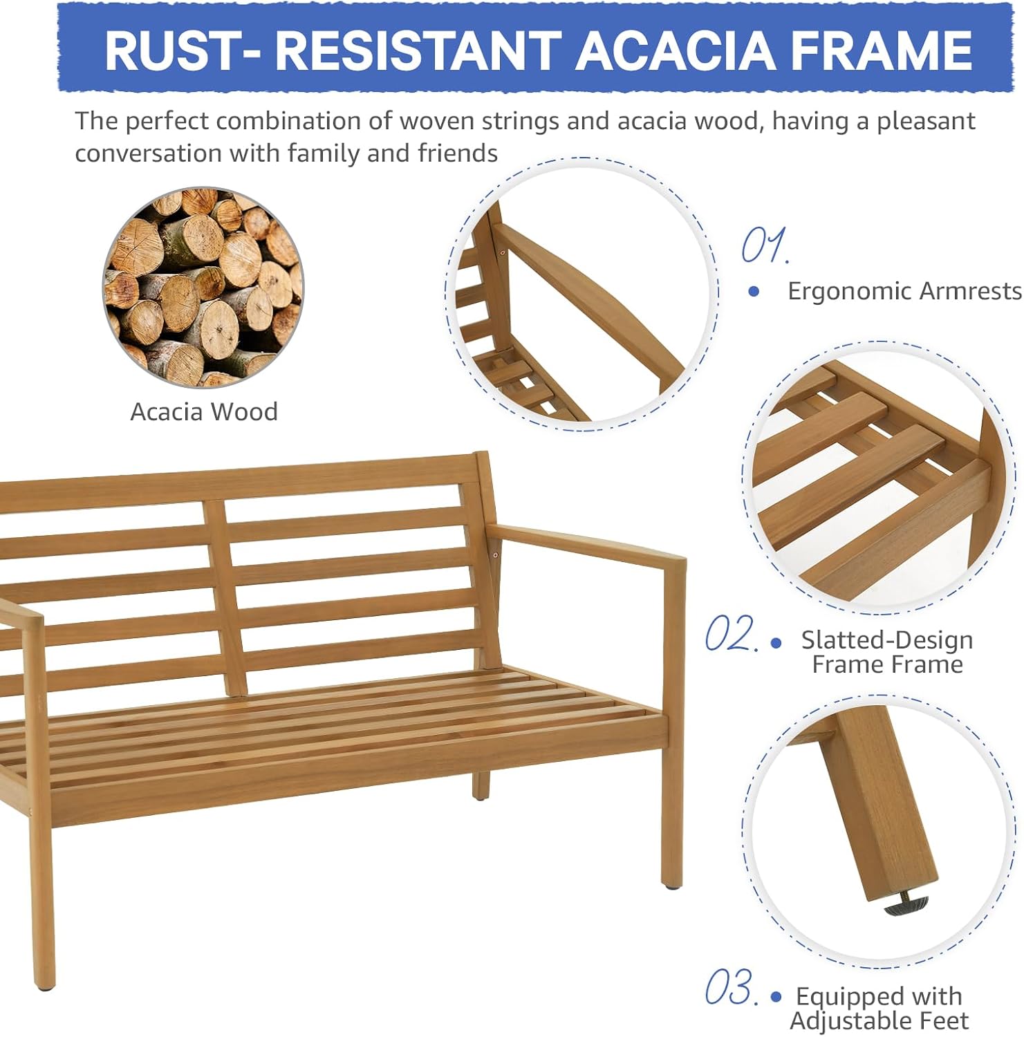 SUNSITT 4 Piece Acacia Wood Patio Furniture Set, Outdoor Conversation Sofa Set with Coffee Table & Cushions for Garden, Backyard, Cream White