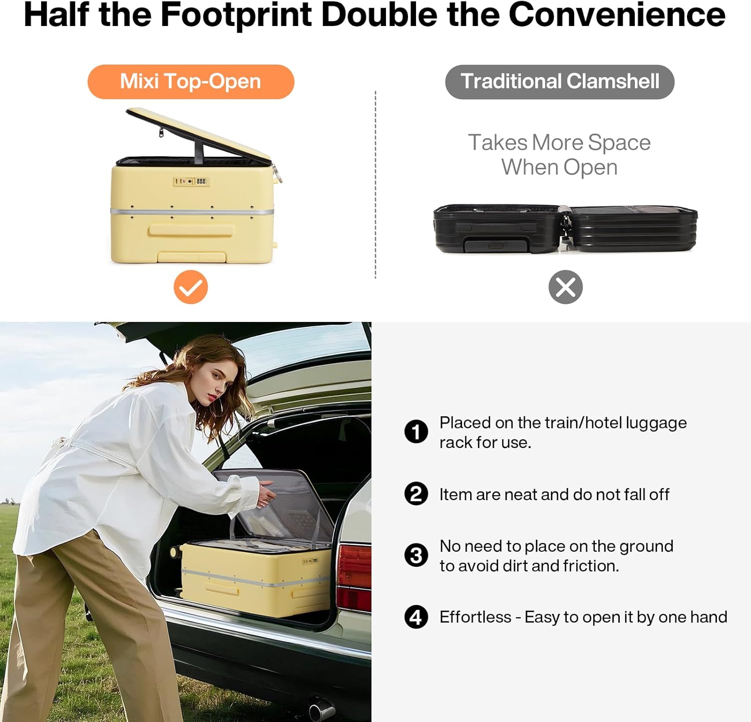 mixi 24 Inch Checked Luggage PC Hard Shell Suitcase Top Opening Aluminum Frame Travel Suitcases with Wheels, Lark Yellow