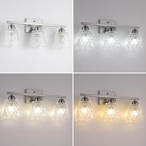 Miniatura 10 de Lámpara de tocador de baño de acero inoxidable sobre el espejo, 2 lámparas de baño de níquel cepillado con pantallas de vidrio texturizado, montaje