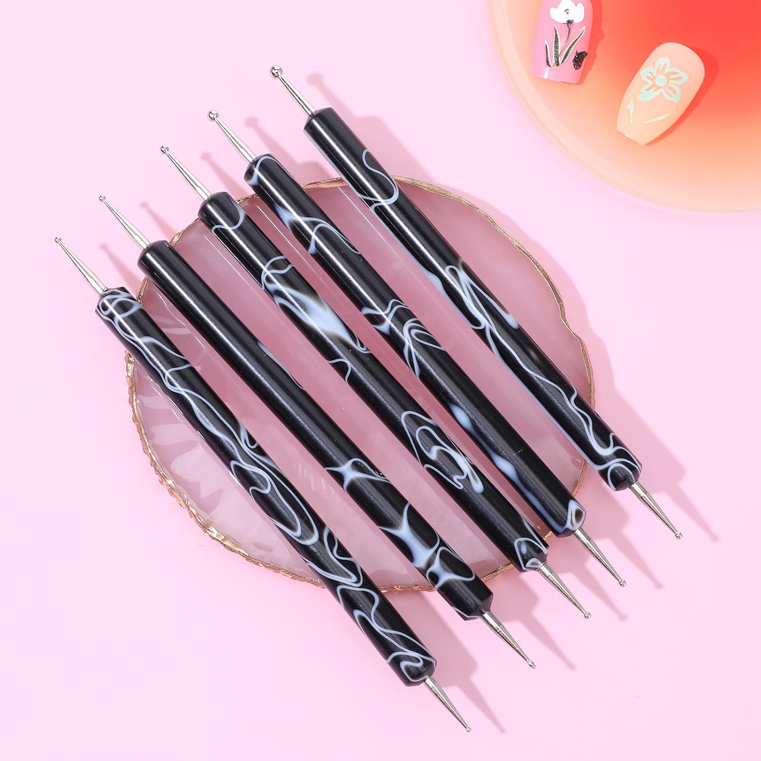 5Pcs Black Dotting Tools, Double Ended Nail Dotting Tools Professional Nails Art Dot Pen Embossing Stylus Rhinestone Picker Tool for Nail Design, Painting, Sculpting, DIY Decorations