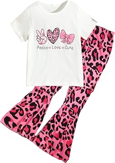Girl's 2 Piece Outfits Graphic Short Sleeve Tshirt and Leopard Flare Pants Set