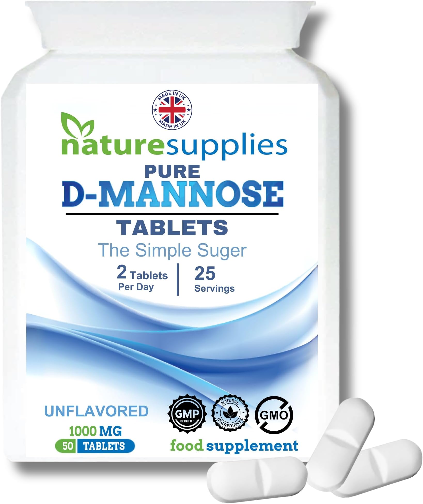 D Mannose Tablets 1000mg - 50 Pack Dmannose Tablets - (Not D Mannose Capsules or Powder) - Suitable for Vegetarians and Vegans - High Strength D-Mannose Supplement from Naturesupplies