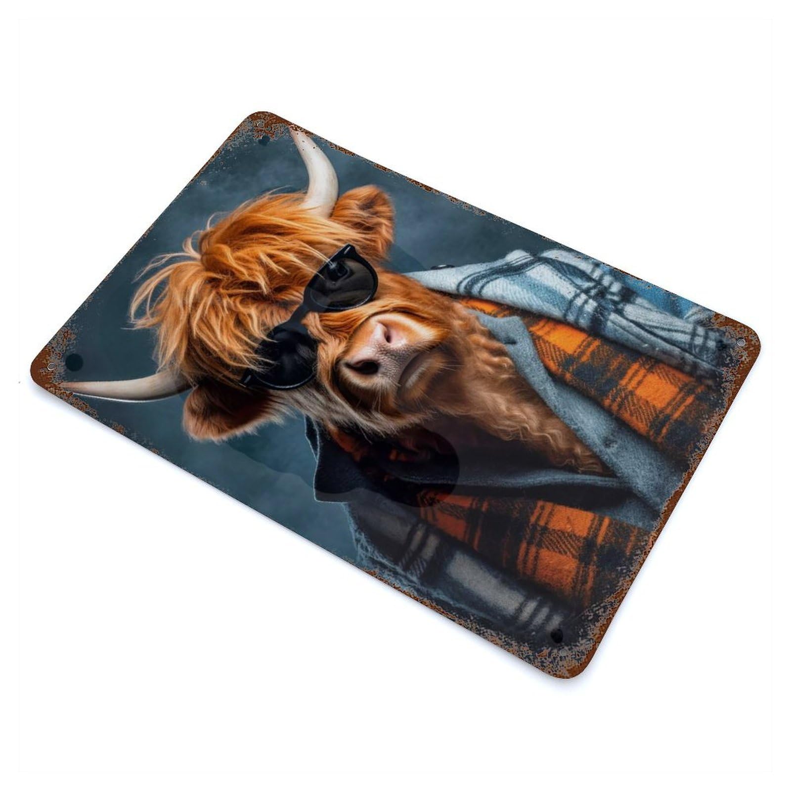 Hipster Highland Cow Weathered Tin Sign 11.8"x7.9", Ideal for Shed, Workshop And Garage Wall Decor