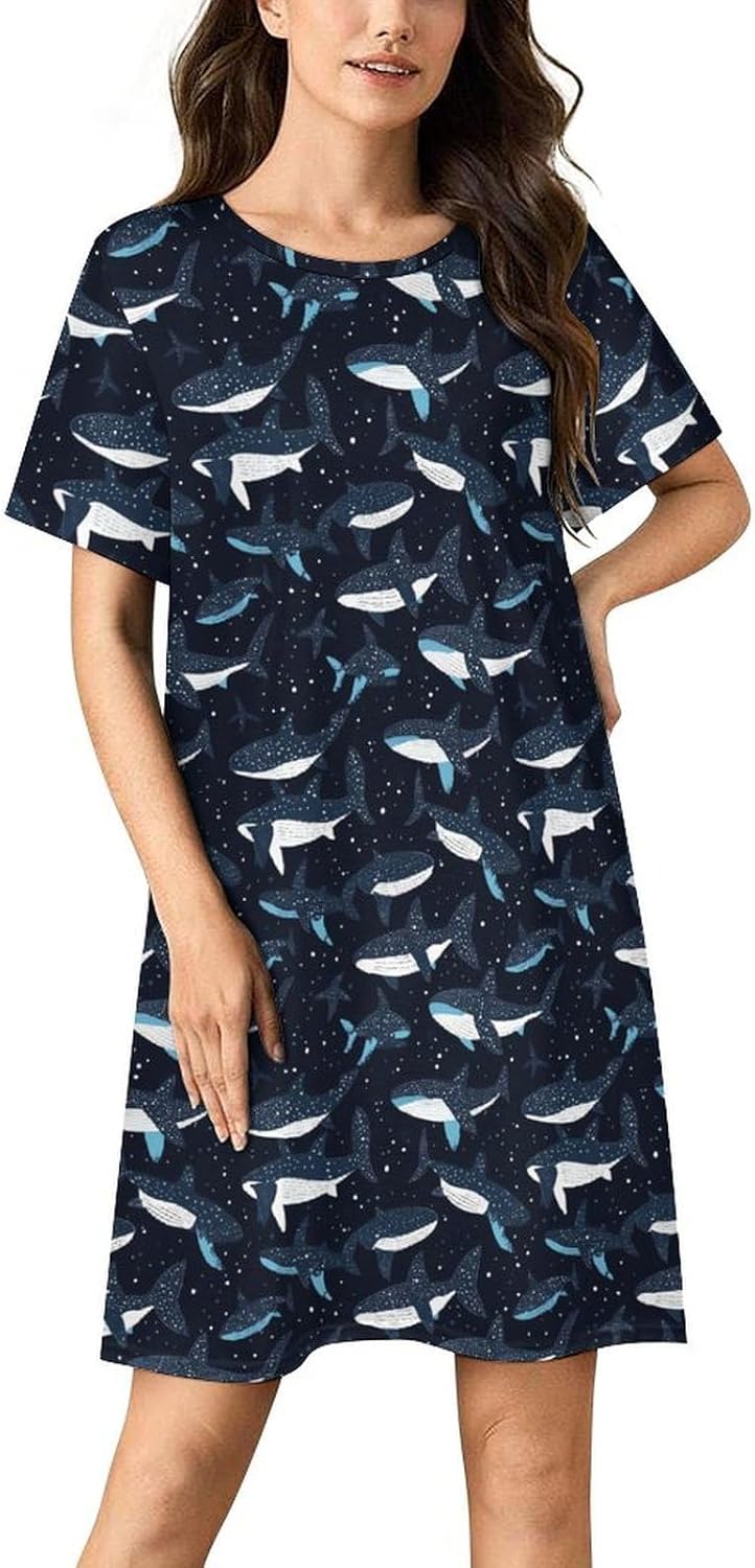 Whale Shark Pattern Nightgowns for Women Short Sleeve Sleep Dress Casual Sleepshirt Night Gowns Pajamas