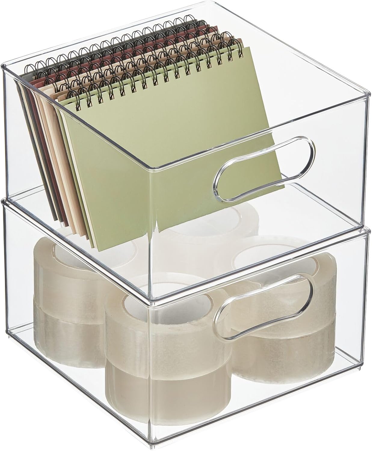 mDesign Deep Plastic Stackable Storage Organizer Container Bin, Office Organization for Filing Cabinet, Cupboard, Shelves, and Desk - Holds Notepads, Pens, Pencils - Ligne Collection, 2 Pack, Clear