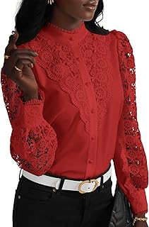 Women's Lace Crochet Mock Neck Long Sleeve Button Elegant Blouse Shirt Top