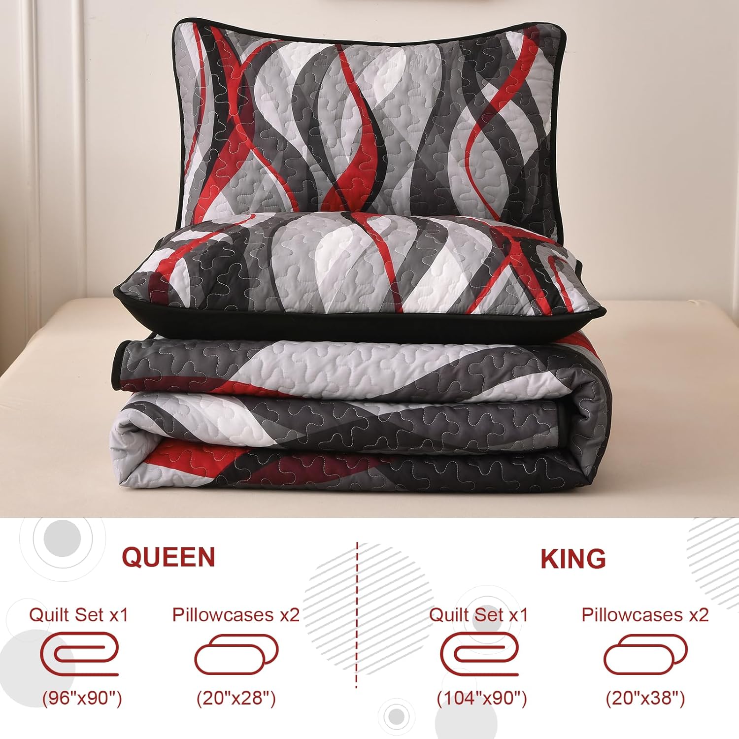 Anibedding Classic Line Quilt Set King Size, Red and Grey King Quilt with 2 Pillowshams, Stripe Quilt Bedding Set 3PCs Soft Lightweight Microfiber Bedspread Coverlet Set for All Season, 110"x90" | Breathable