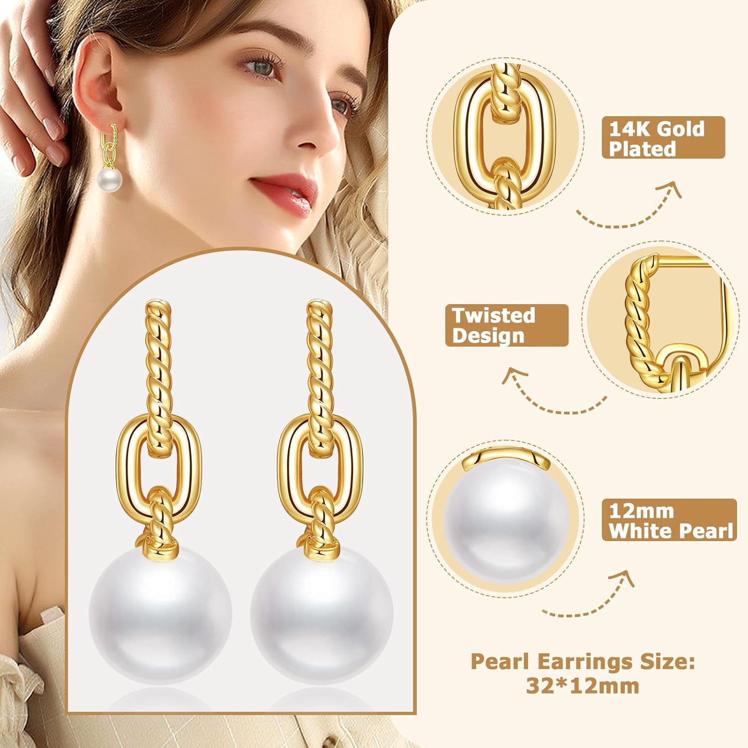 Gold Hoop Earrings for Women 14K Real Gold Plated Link Pearl Drop Dangle Earrings Lightweight Twisted Huggie Earrings Jewelry Gifts - Image 2