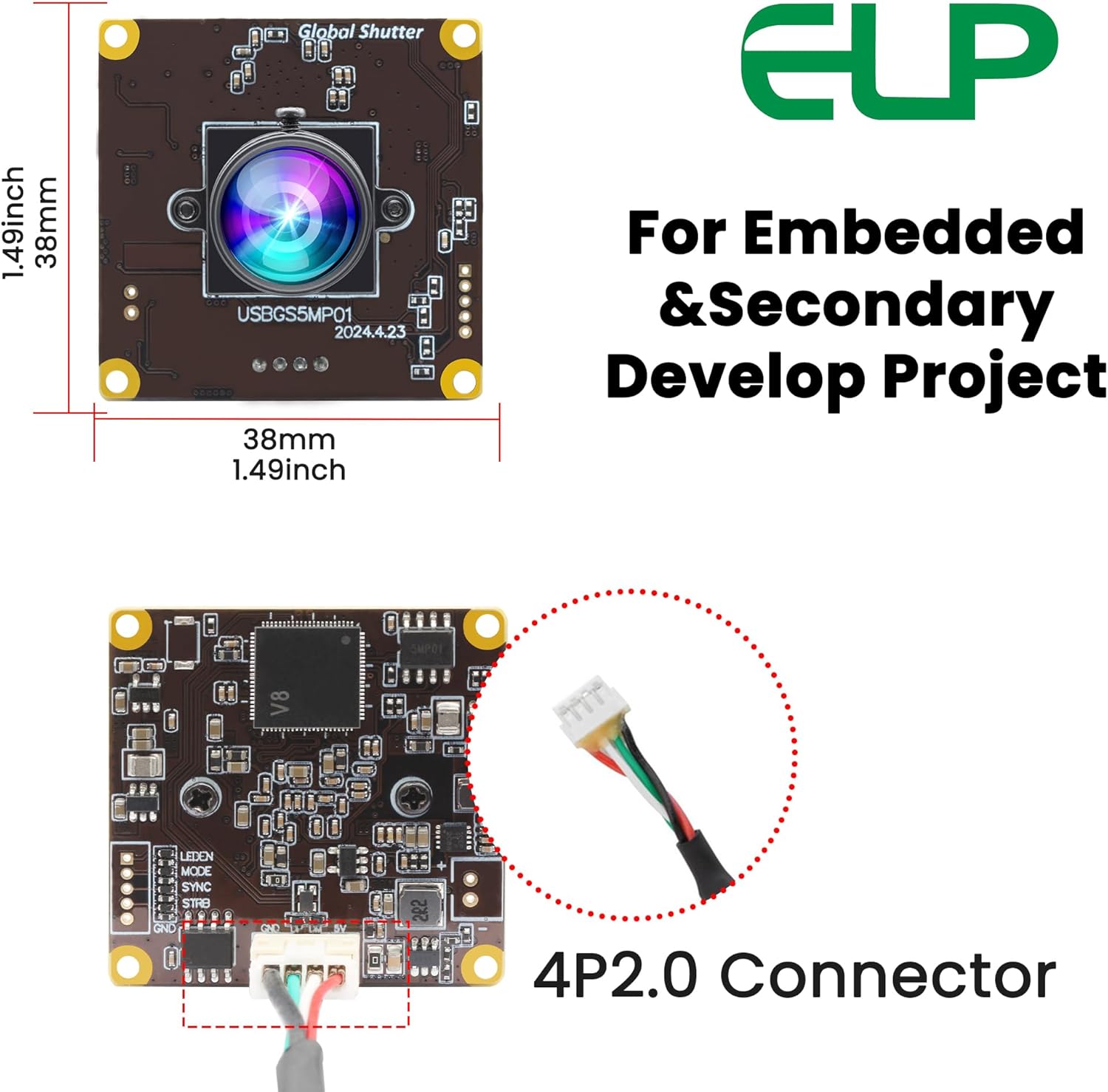 ELP 5MP Global Shutter 50fps USB Camera Module for Computer UVC USB2.0 Lightburn Cam for Laser Engraver High Speed 60fps PC Camera Wide Angle Webcamera for Live Streaming (100°Low Distortion Lens)