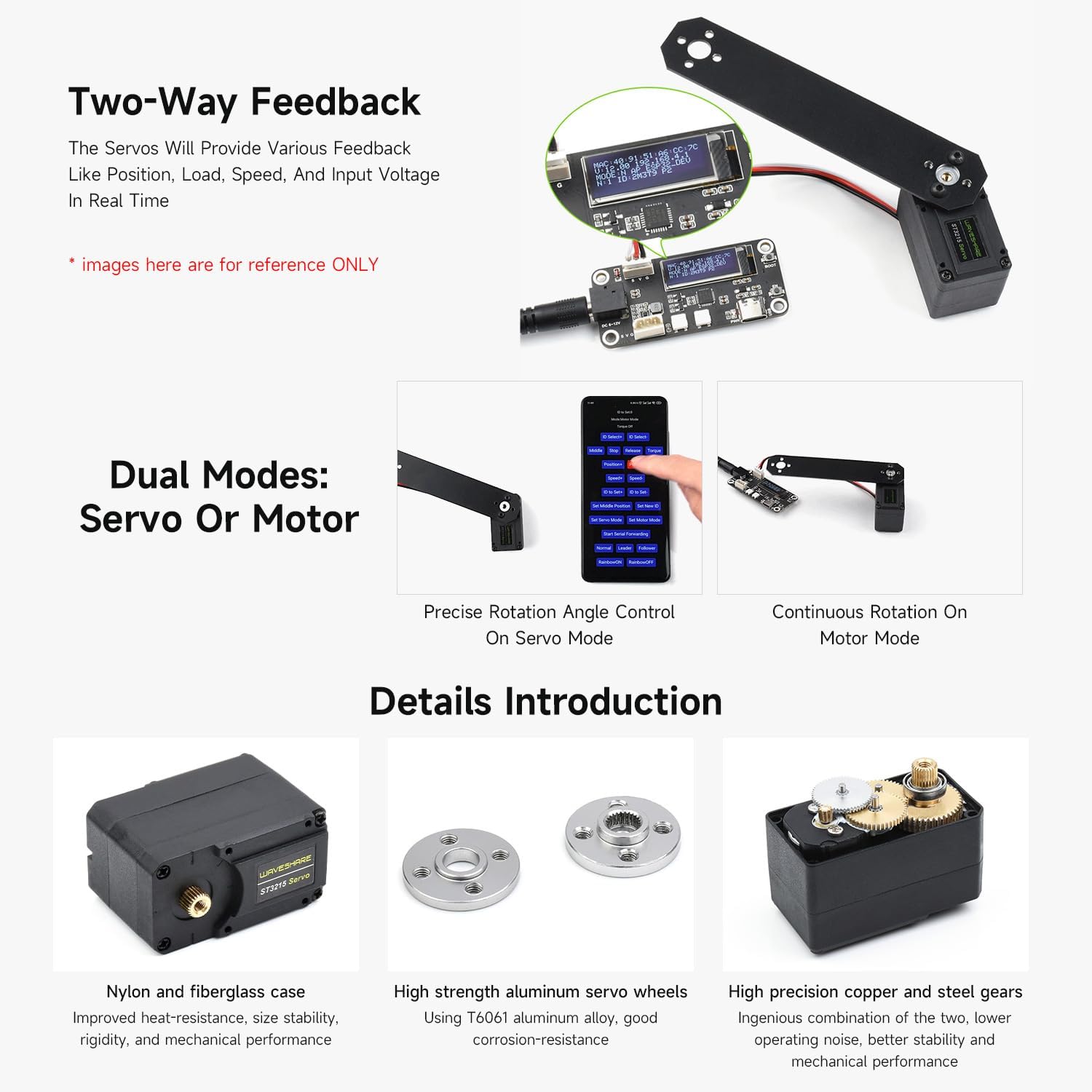 Waveshare ST3215 Series Serial Bus Servo, High Precision and Torque, with Programmable 360 Degrees Magnetic Encoder, Two-Way Feedback, Servo/Motor Mode Switchable, 19.5kg.cm@7.4V Torque